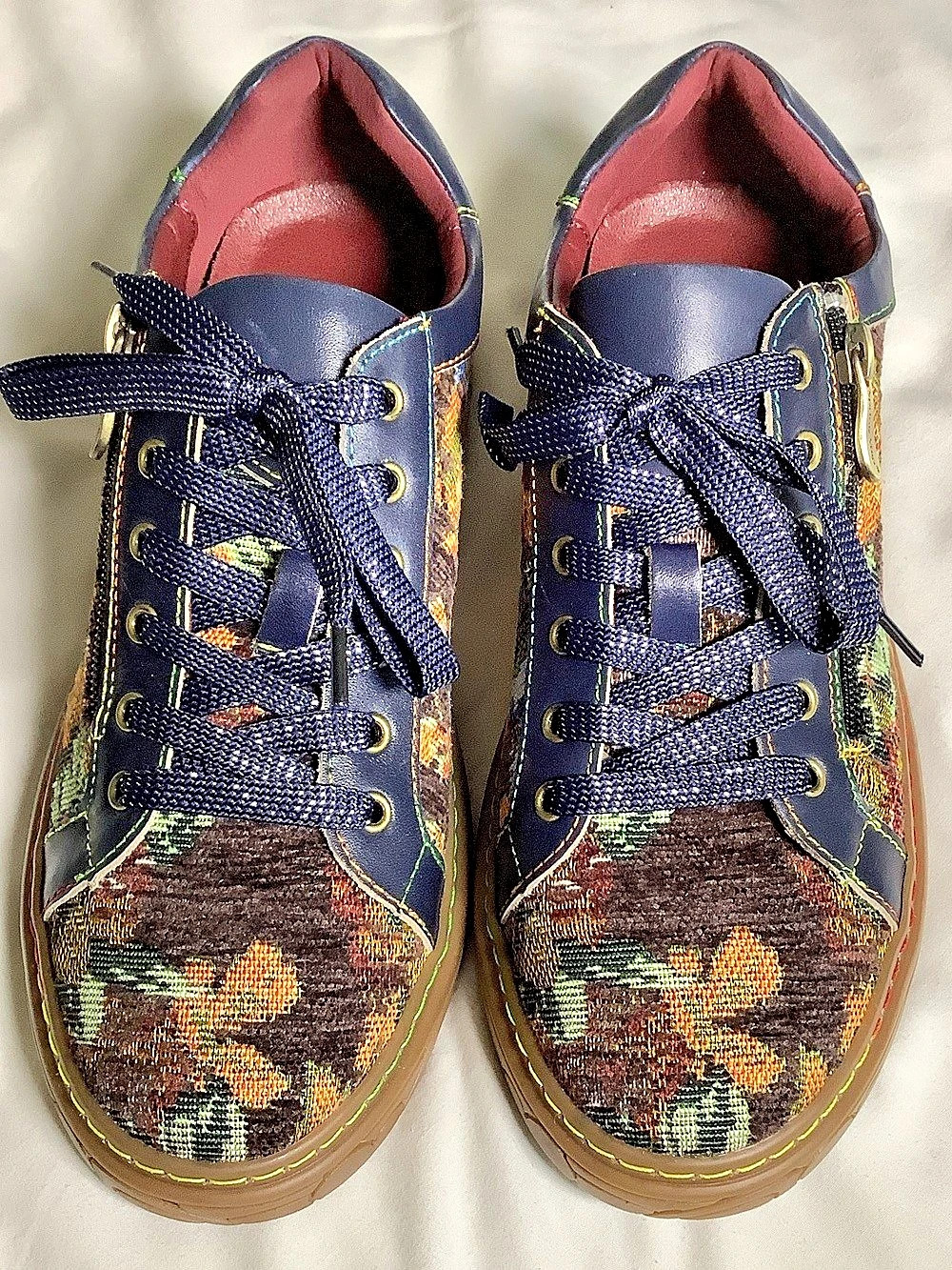 Spring Step L'Artiste Floral Sneakers in Blue & Brown Leather Trim Sz 41
